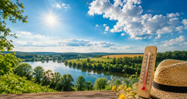 Літній пейзаж України з термометром, що показує помірну спеку +25°C