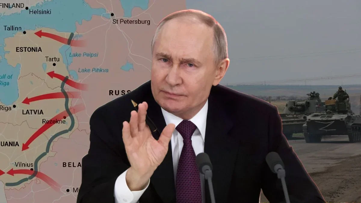 Путін на тлі мапи Балтії зі стрілками загрози Польщі та країнам НАТО