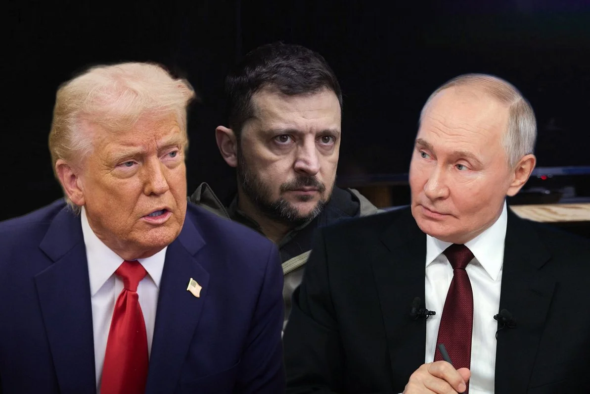 Дональд Трамп, Володимир Зеленський і Володимир Путін під час переговорів про мир