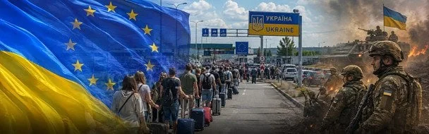 Черга людей з валізами на кордоні України під прапорами ЄС і України, праворуч солдати біля палаючої техніки