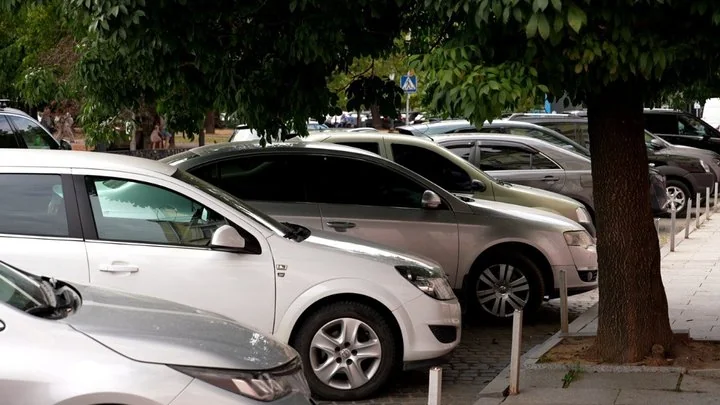 Ряд легкових авто припарковано під деревами біля тротуару на площі