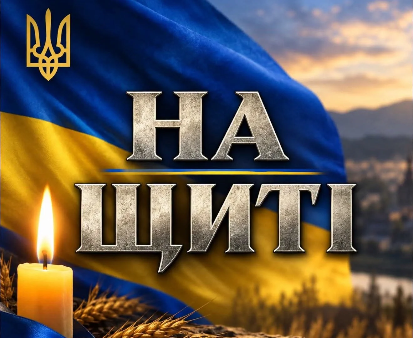 Прапор України з тризубом, напис На щиті, свічка і колоски пшениці