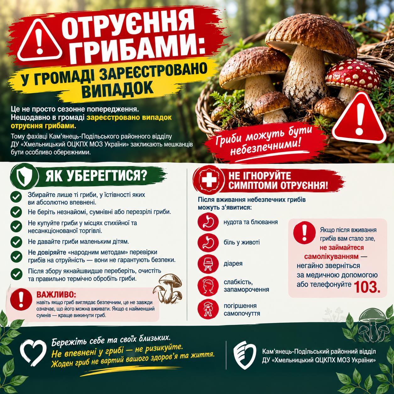 Інфографіка про отруєння грибами з кошиком і закликом дзвонити 103