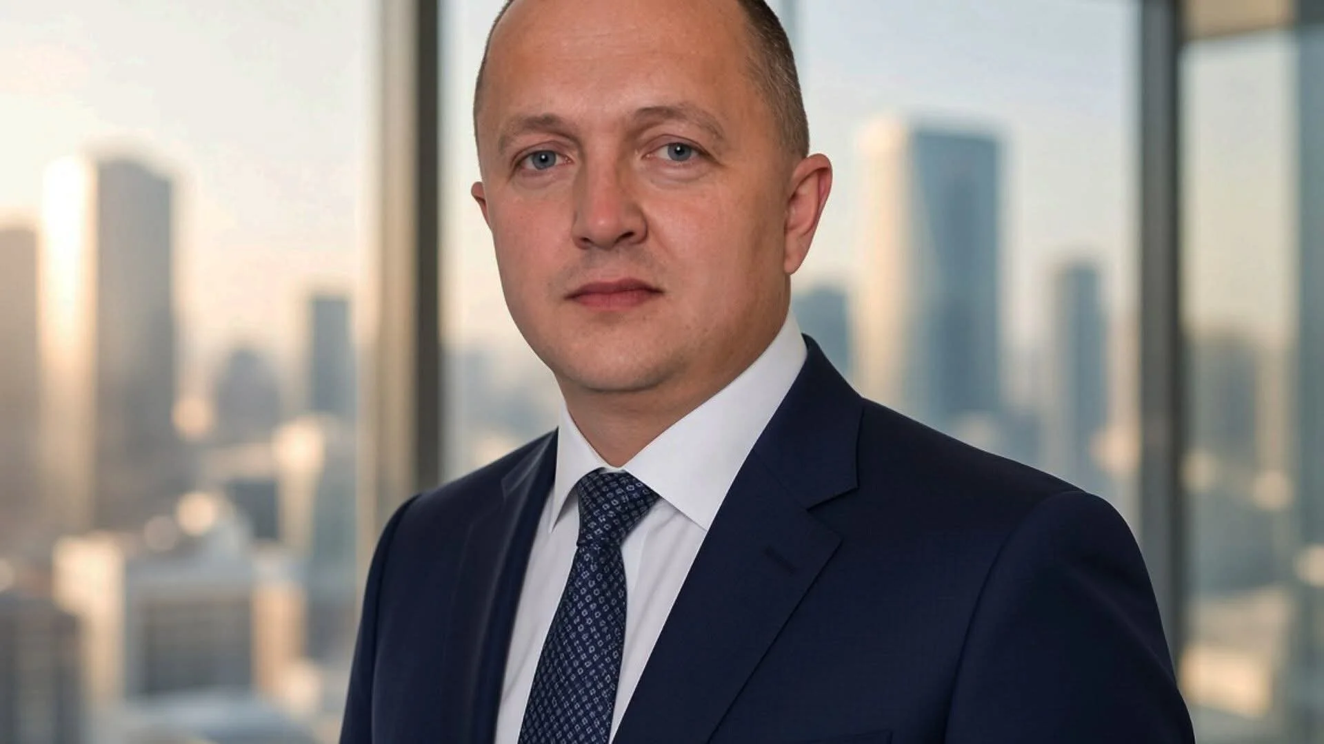 Чоловік у темно-синьому костюмі на тлі хмарочосів за панорамними вікнами
