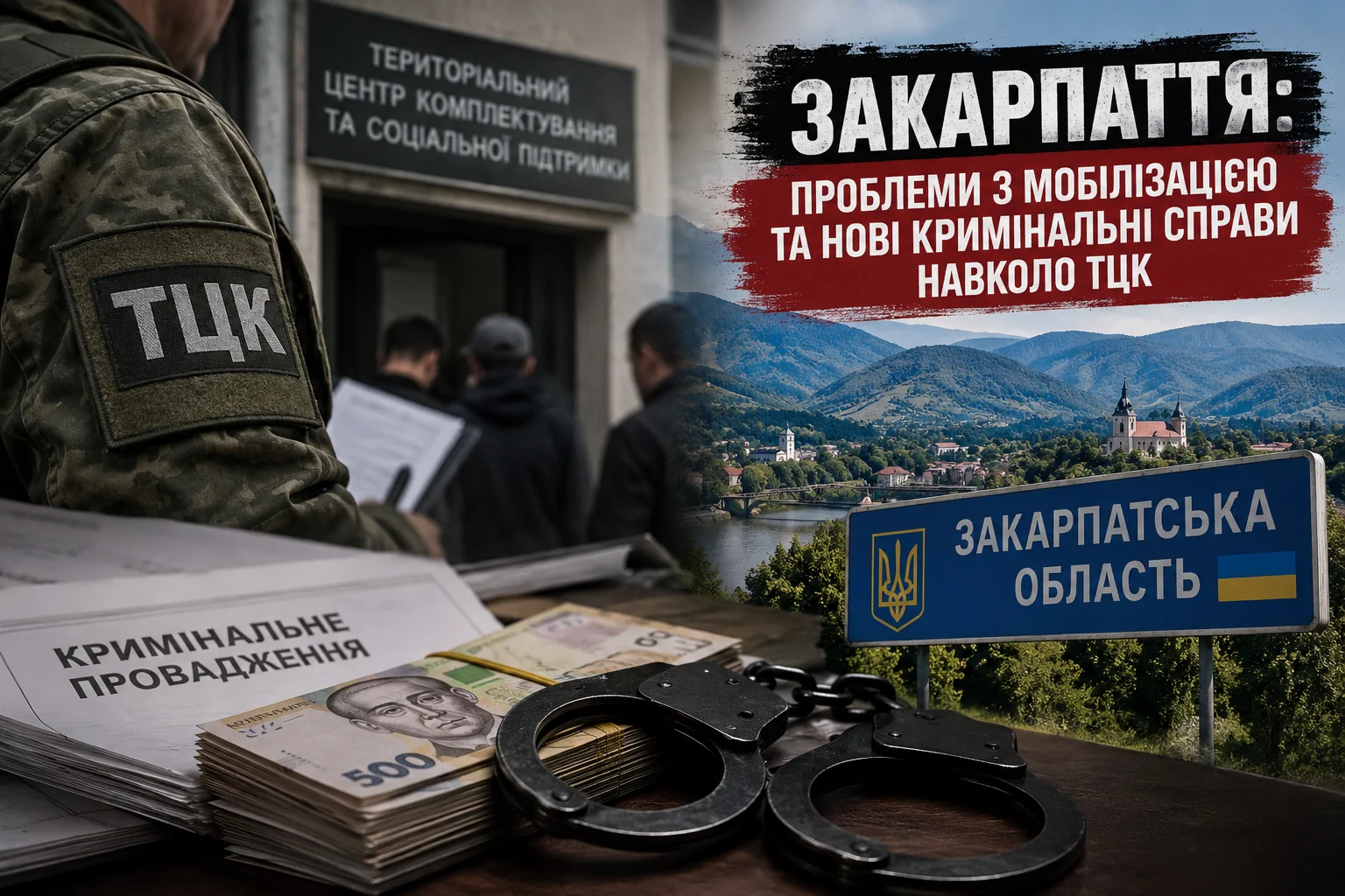 Військовий ТЦК біля центру комплектування, гроші, наручники і краєвид Закарпаття