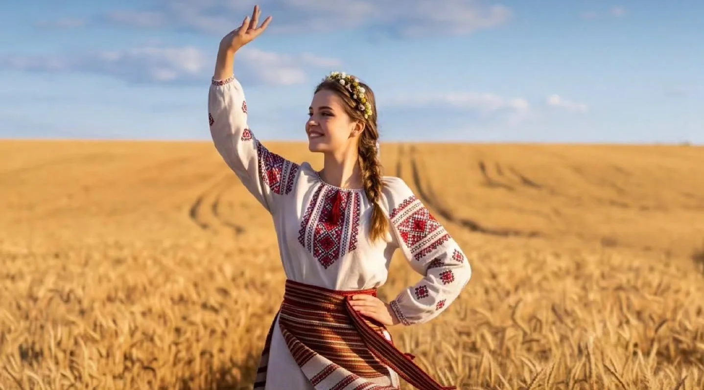 Дівчина у вишиванці з вінком танцює серед золотого пшеничного поля