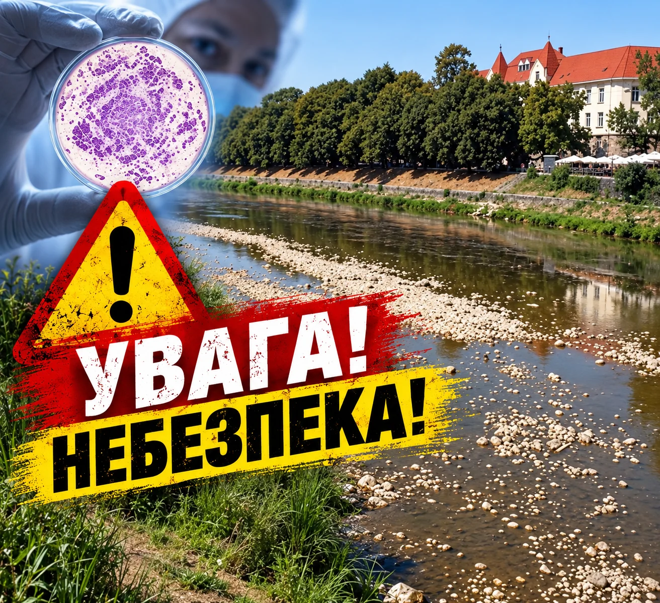 Мілка річка з камінням біля набережної, чашка Петрі з бактеріями та знак небезпеки