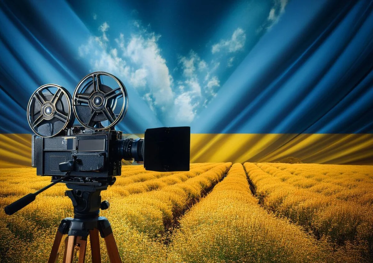 Ретро кінокамера на штативі серед жовтого поля під синьо-жовтим небом